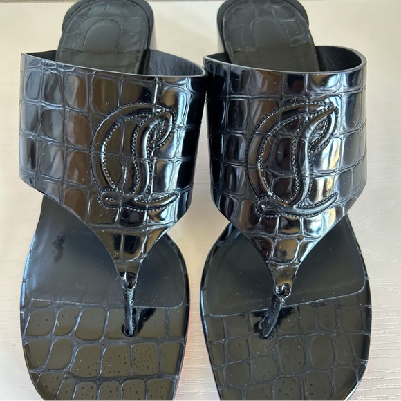 Christian Louboutin Tongamule Black Croc Embossed CL Logo Block Heels Size EU 39 - Picture 3 of 13